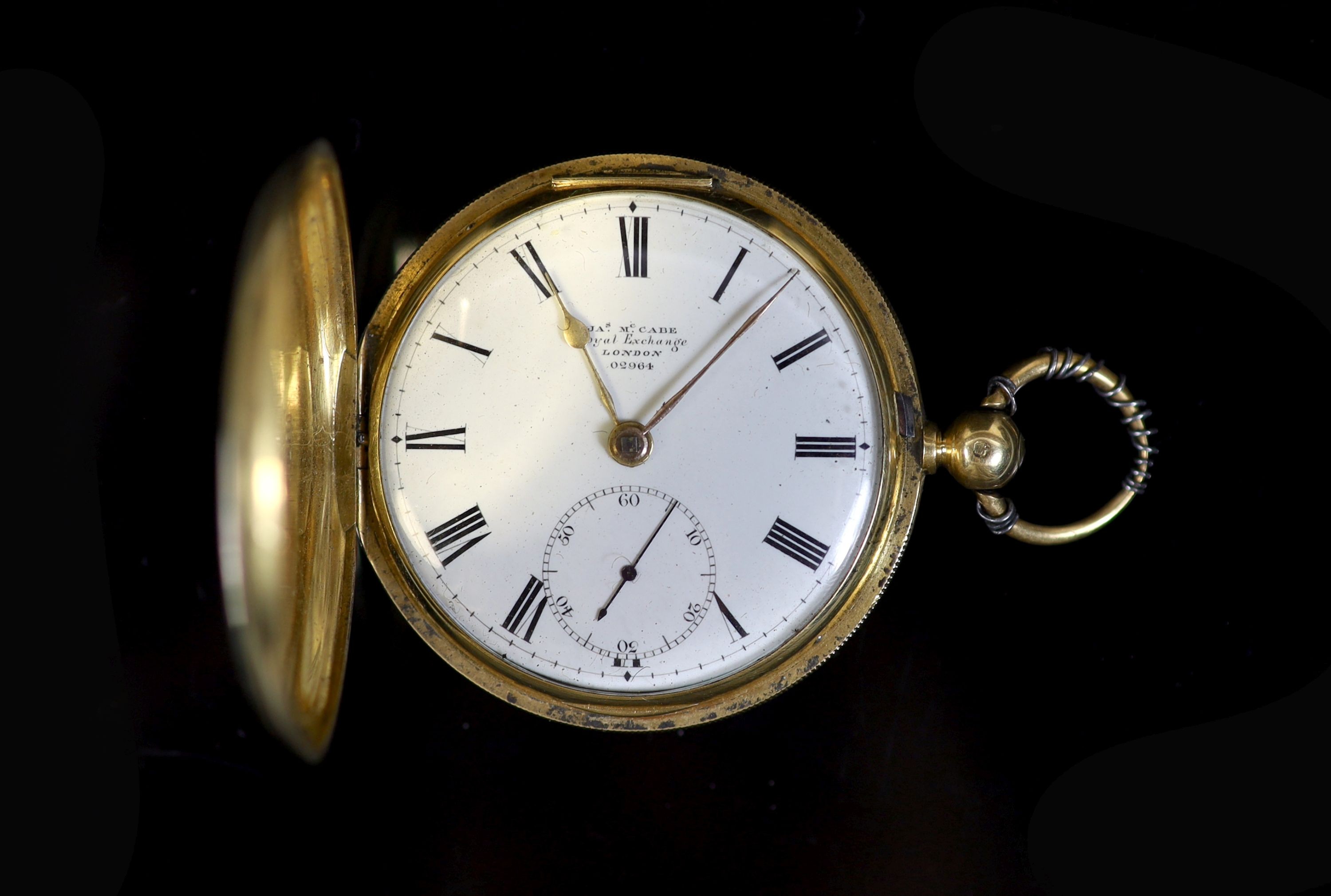 A Victorian engine turned 18ct gold hunter keywind duplex pocket watch by James McCabe, Royal Exchange, London
